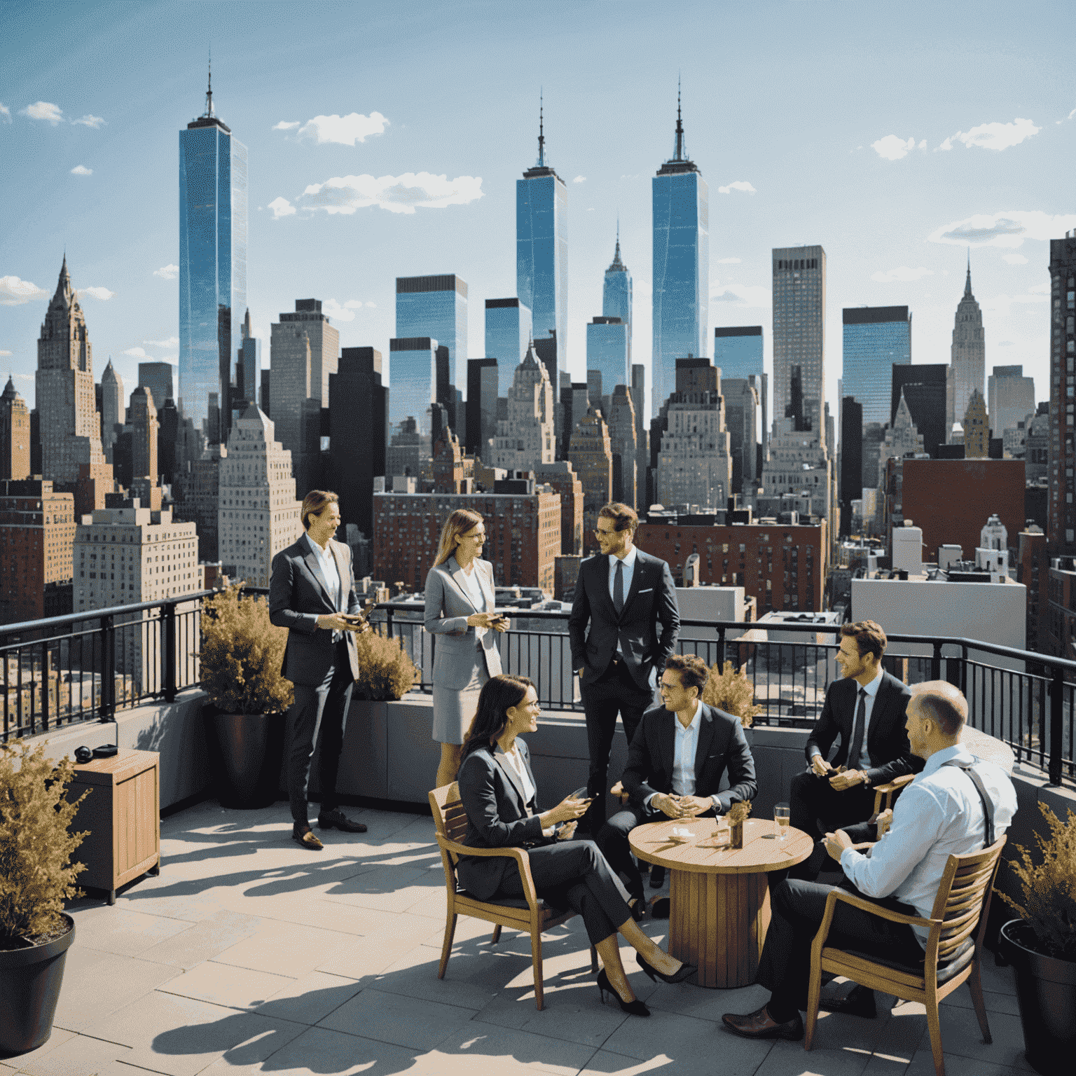 New York City skyline with business professionals networking on a rooftop terrace, showcasing the perfect blend of business and leisure