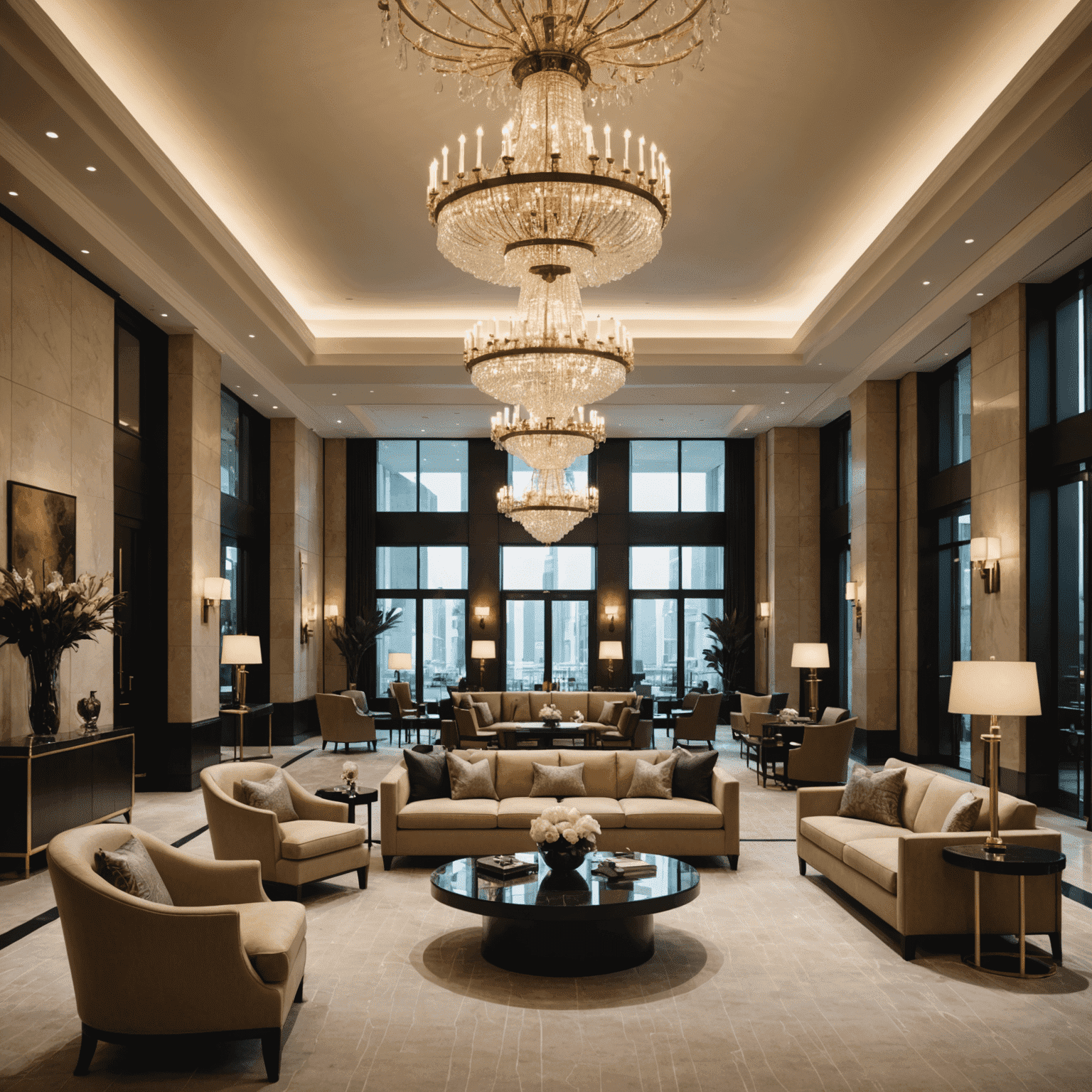 Luxurious hotel lobby with modern decor, featuring a grand chandelier and sleek furniture. Business travelers in suits can be seen networking in the background.