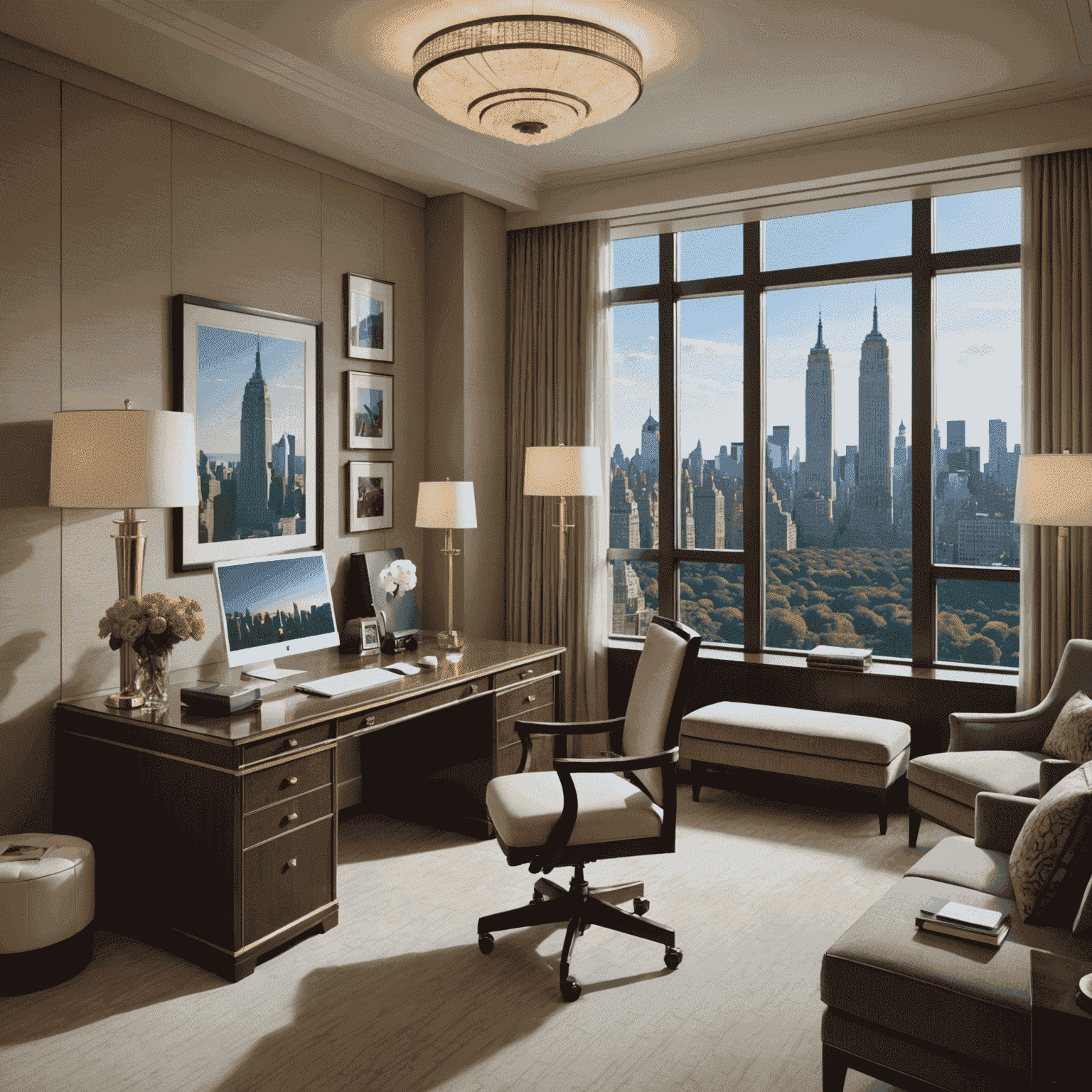 Luxurious suite at Mandarin Oriental with panoramic views of Central Park and Manhattan skyline, featuring a spacious work desk and state-of-the-art technology