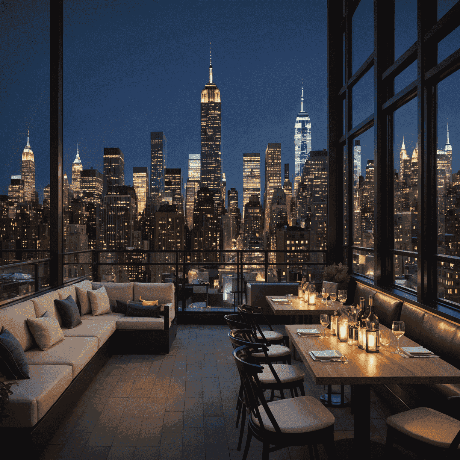 New York City skyline at night with illuminated skyscrapers and rooftop bars