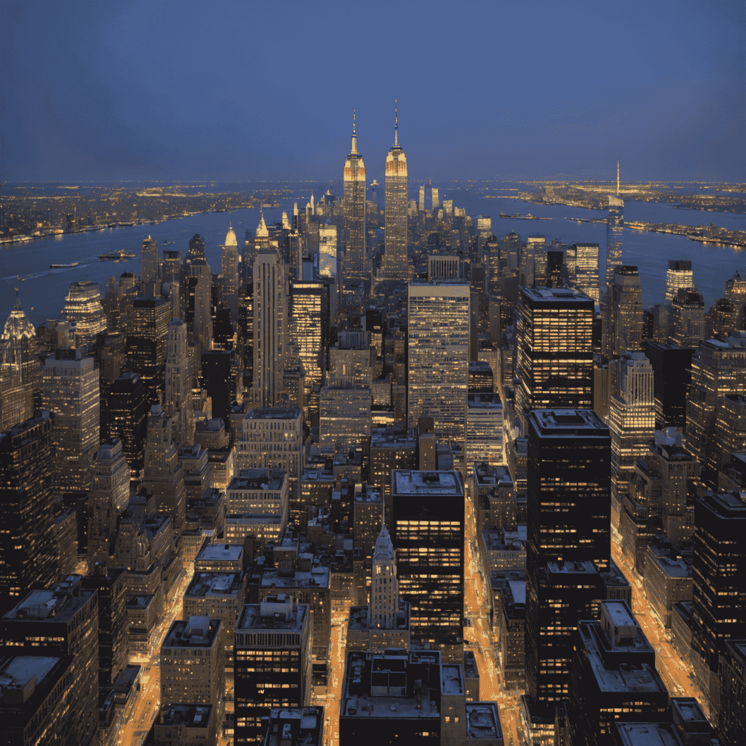 New York City skyline at dusk, showcasing iconic landmarks like the Empire State Building and One World Trade Center, with the bustling streets below illuminated by city lights