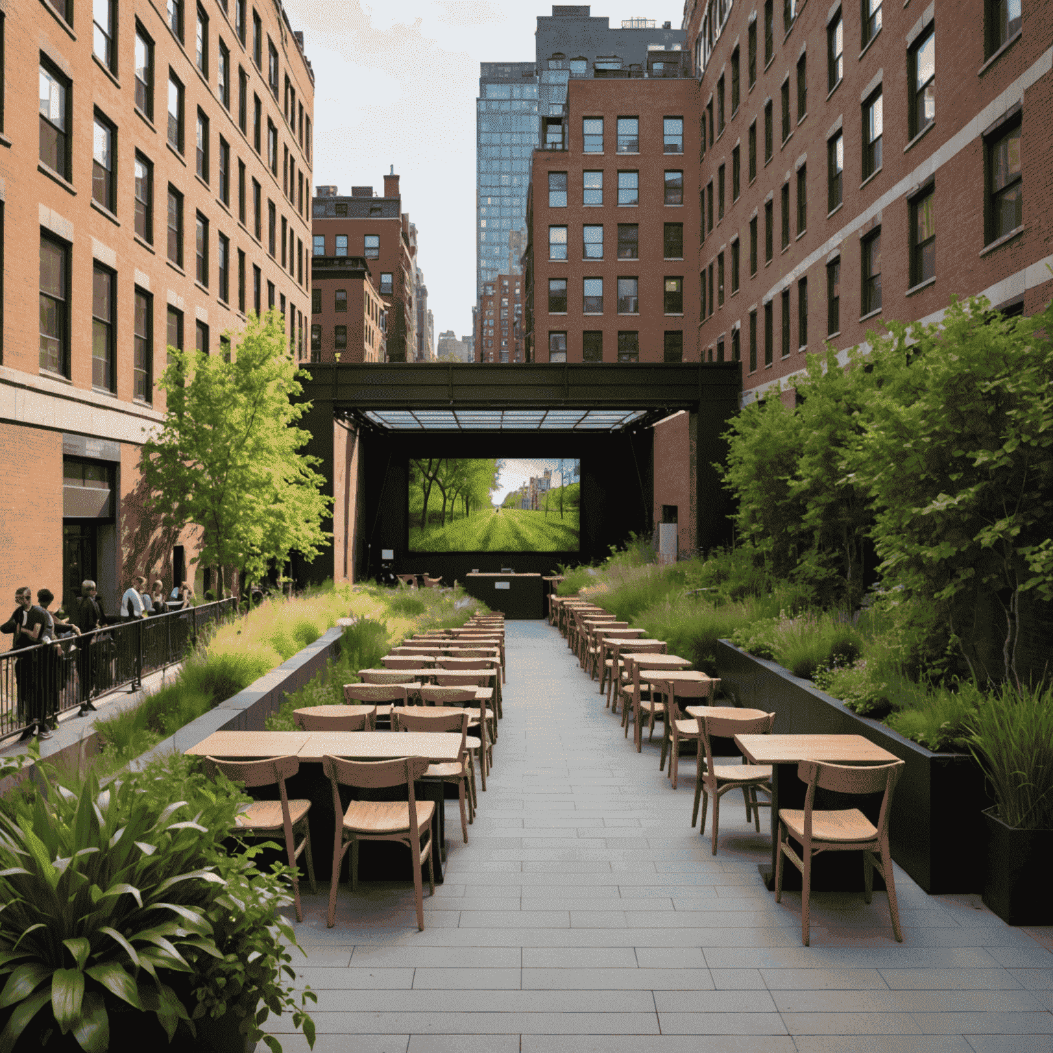 The High Line's 14th Street Passage, an open-air tunnel with greenery and urban views, set up for a conference with chairs and a projection screen