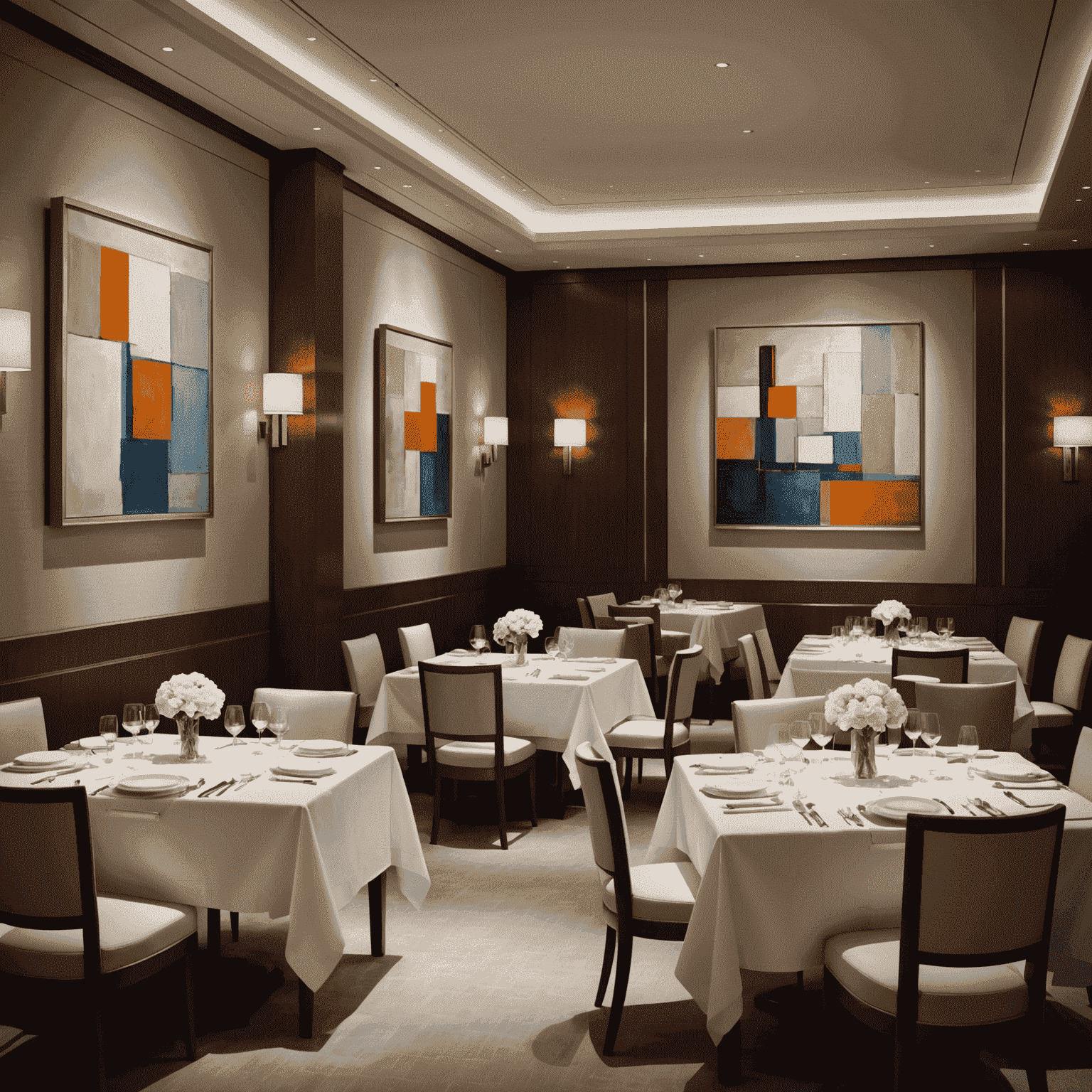 Le Bernardin's elegant dining room with white tablecloths, soft lighting, and modern art on the walls