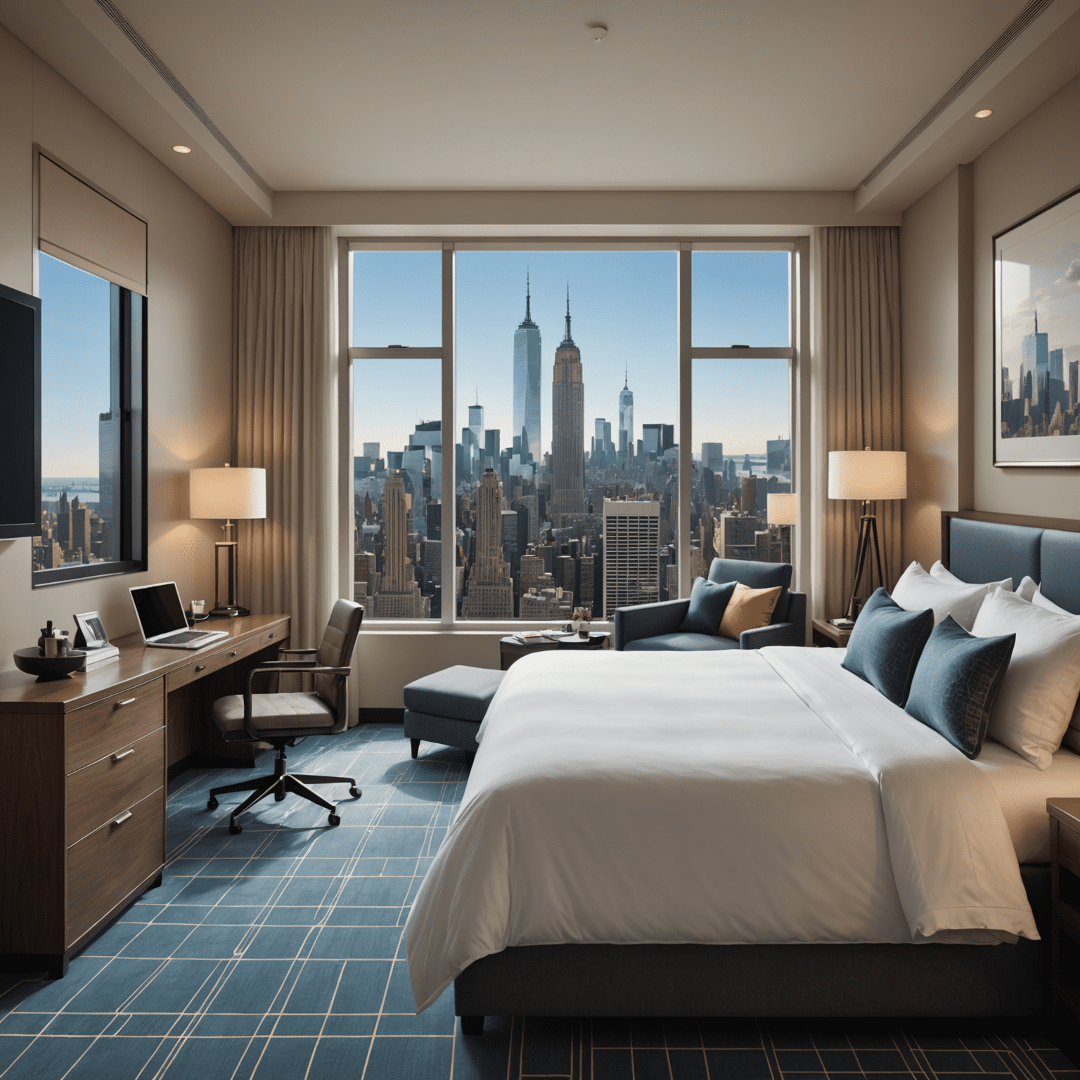 A luxurious hotel room with a panoramic view of the New York City skyline, featuring a king-size bed, modern furnishings, and a spacious work area with high-tech amenities.