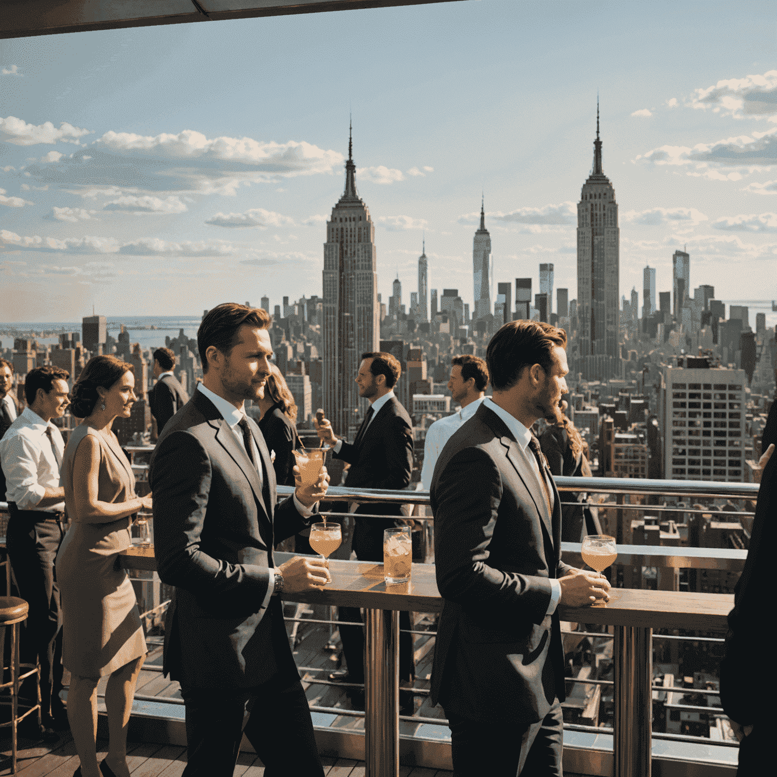 Rooftop bar with stunning NYC skyline view. Well-dressed professionals are mingling, holding cocktails, with the Empire State Building visible in the background.