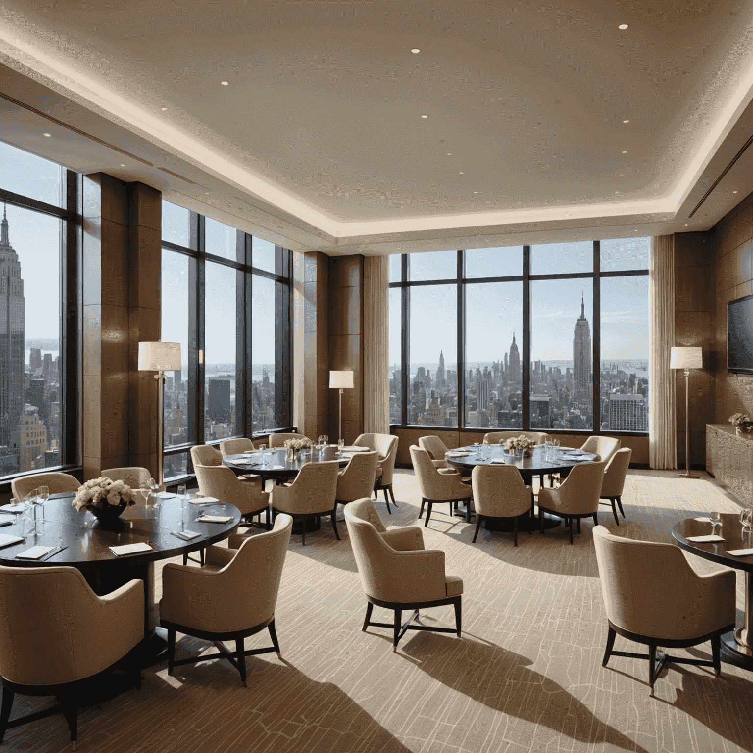 Elegant meeting room at Four Seasons Hotel New York with floor-to-ceiling windows, modern audiovisual equipment, and plush seating