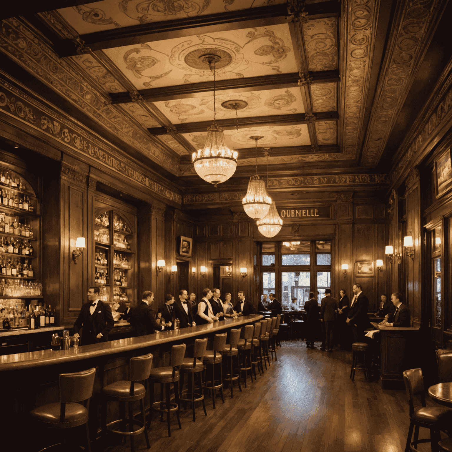 Interior of The Campbell bar with 1920s decor, ornate ceiling, and well-dressed professionals networking