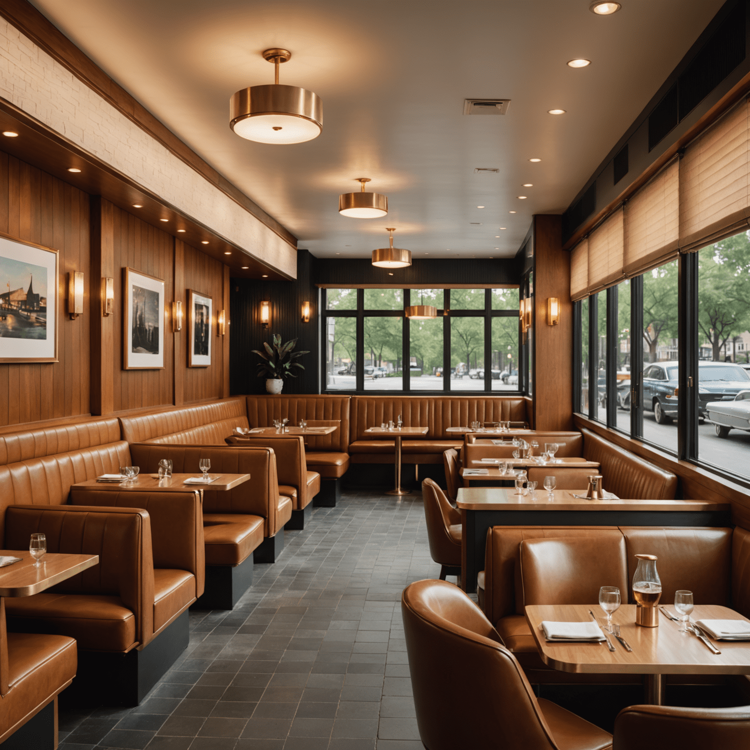 The Grill's mid-century modern interior with brass accents and leather booths