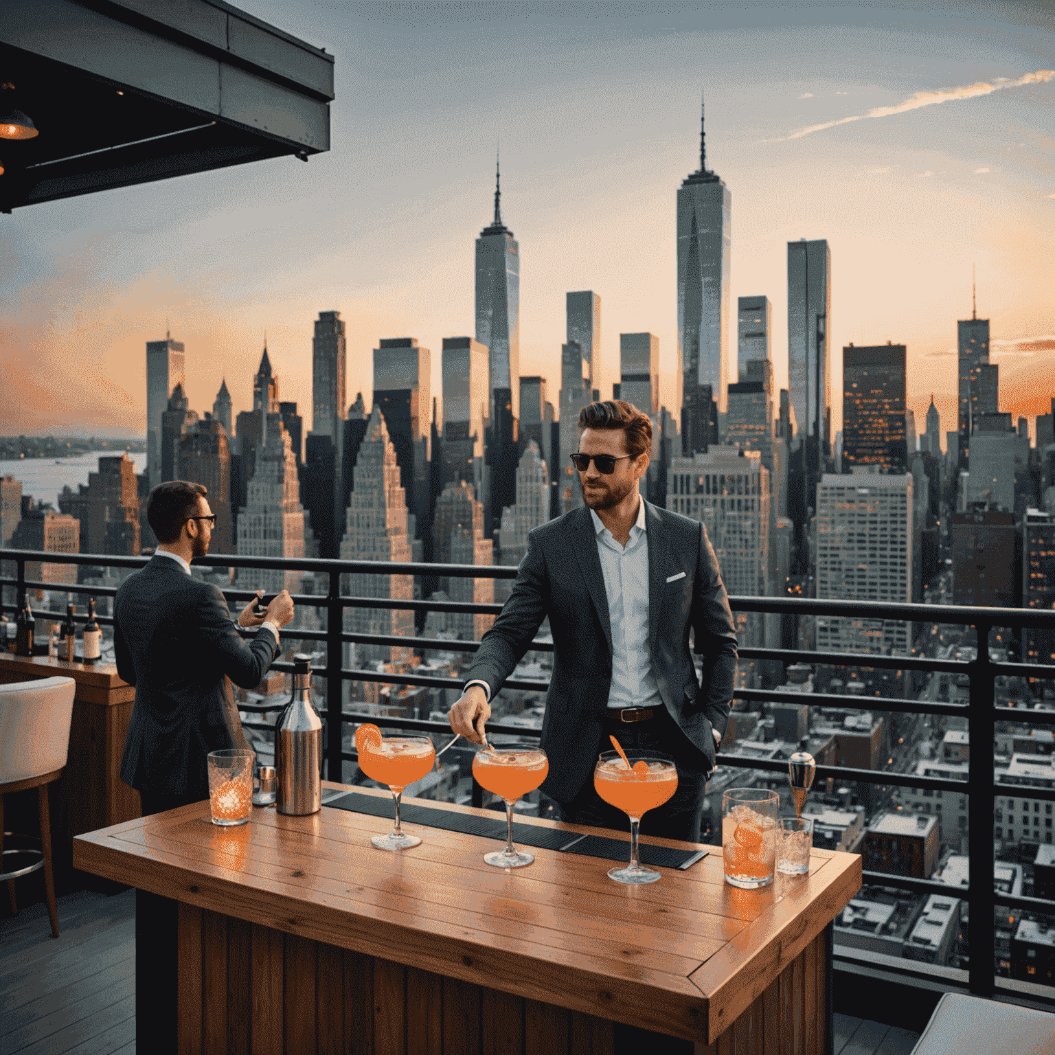 A stylish rooftop bar with a breathtaking view of the Manhattan skyline at sunset, featuring well-dressed professionals networking over cocktails.