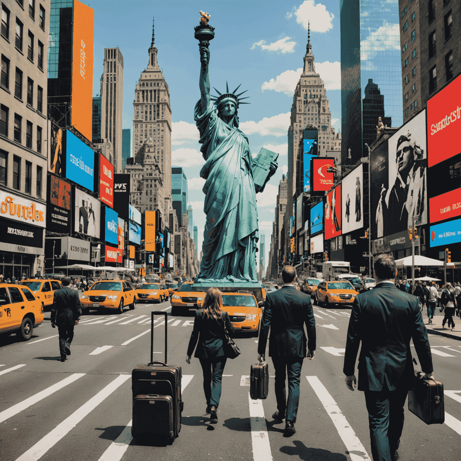 Collage of NYC landmarks including the Statue of Liberty, Central Park, and Times Square. A business traveler with a briefcase is seen enjoying the sights.