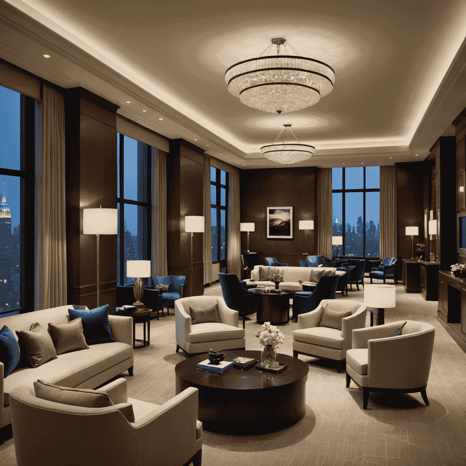 Luxurious business lounge at Ritz-Carlton with comfortable seating areas, workstations, and a view of Central Park