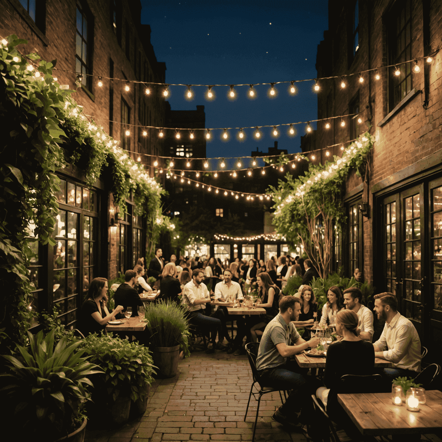 Gallow Green rooftop garden at night with lush greenery, string lights, and groups of professionals mingling