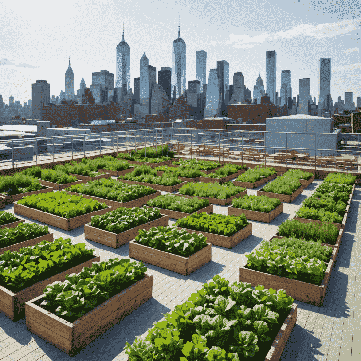 Brooklyn Grange Rooftop Farm, a lush green rooftop with Manhattan skyline views, arranged for an outdoor conference with sustainable seating