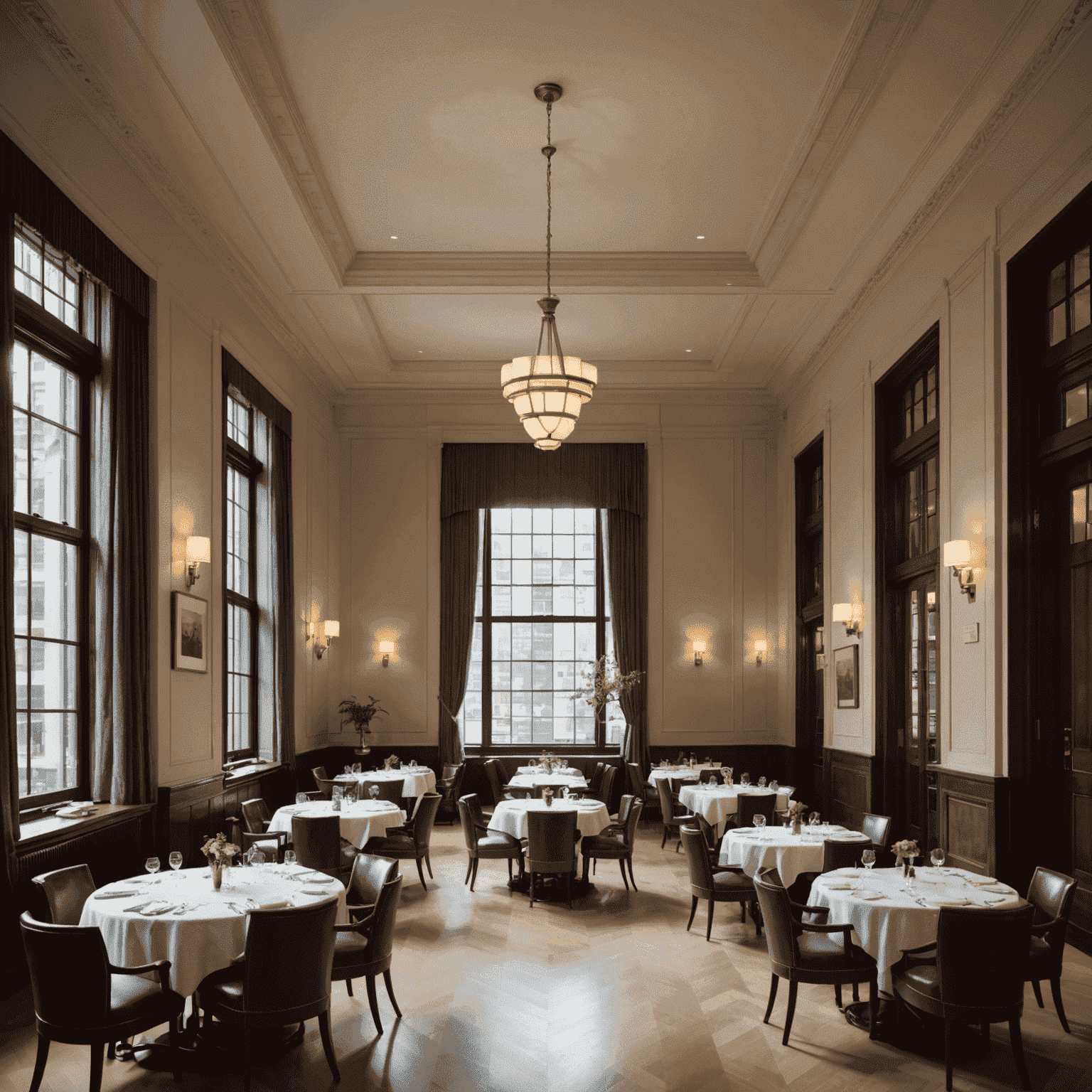 Eleven Madison Park's spacious dining room with high ceilings and views of Madison Square Park