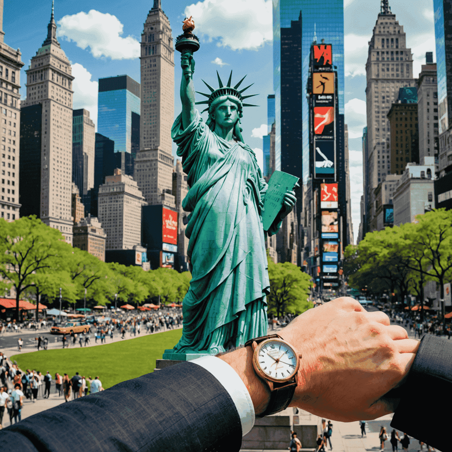 A collage of iconic New York City attractions including the Statue of Liberty, Times Square, and Central Park, with a business person checking their watch in the foreground.