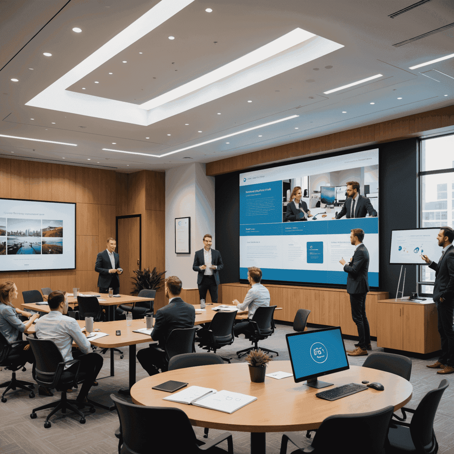 Modern, open-concept event space with interactive technology displays. Business professionals are engaged in a collaborative workshop setting.