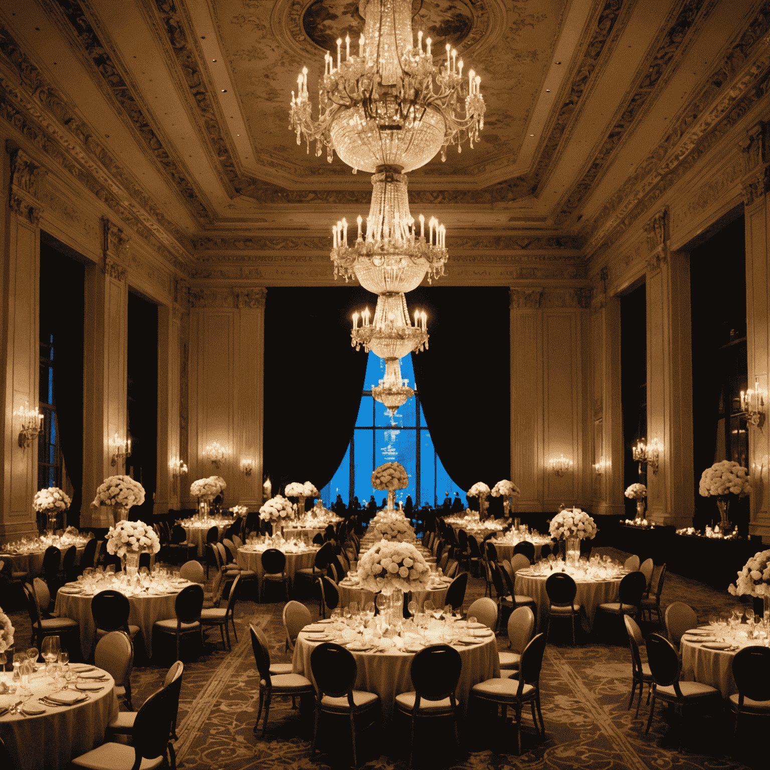 Opulent ballroom at St. Regis New York set up for a corporate gala, featuring crystal chandeliers and ornate decor