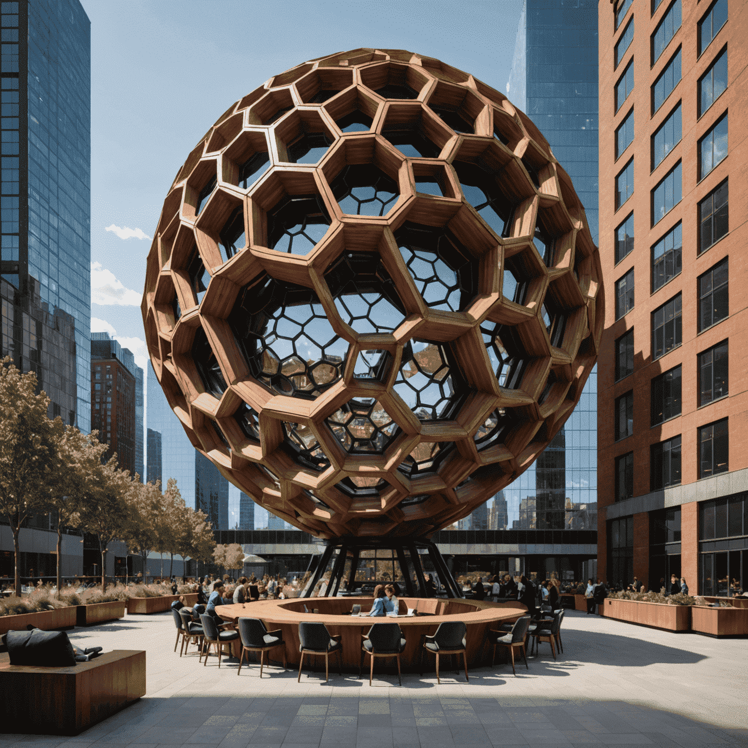 The Vessel at Hudson Yards, a striking honeycomb-like structure, with a conference setup at its base featuring modern seating and tech equipment