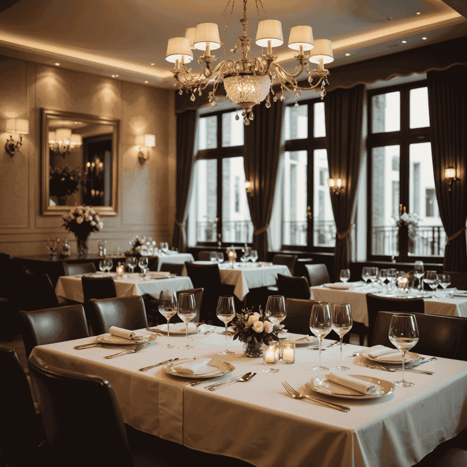 Elegant restaurant interior with soft lighting. A table is set for a business dinner, with menus and fine tableware visible.