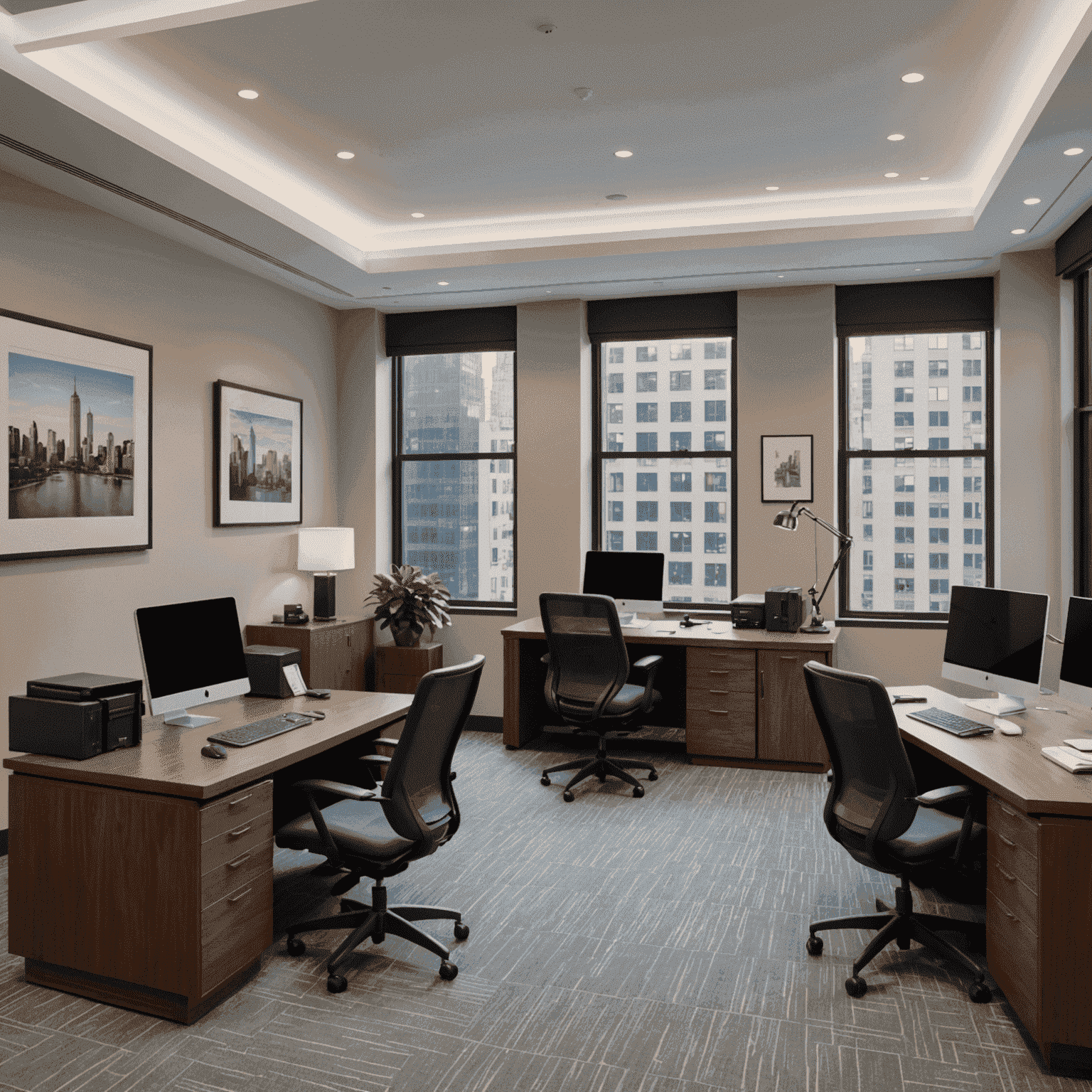 High-tech business center at The Peninsula New York with individual workstations, video conferencing facilities, and support staff