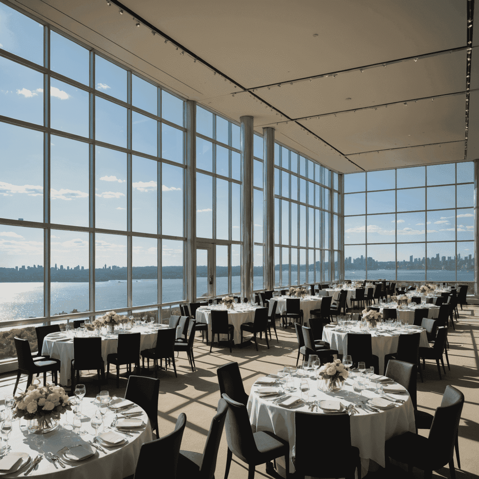 The Glasshouse, a sleek venue with floor-to-ceiling windows overlooking the Hudson River, set up for a large corporate conference