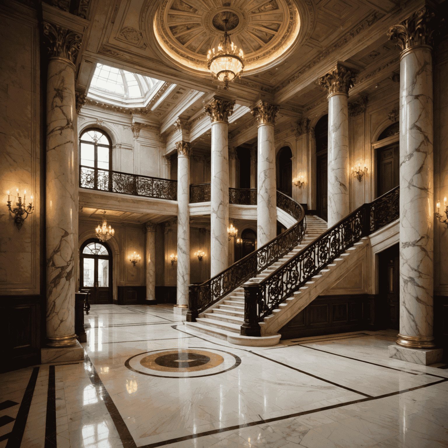 Del Posto's grand interior with marble columns and a grand staircase